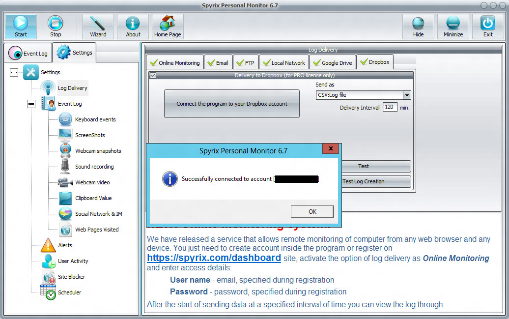 send logs via dropbox
