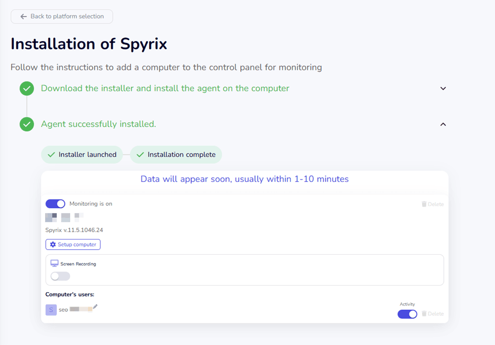 Spyrix dashboard after installation