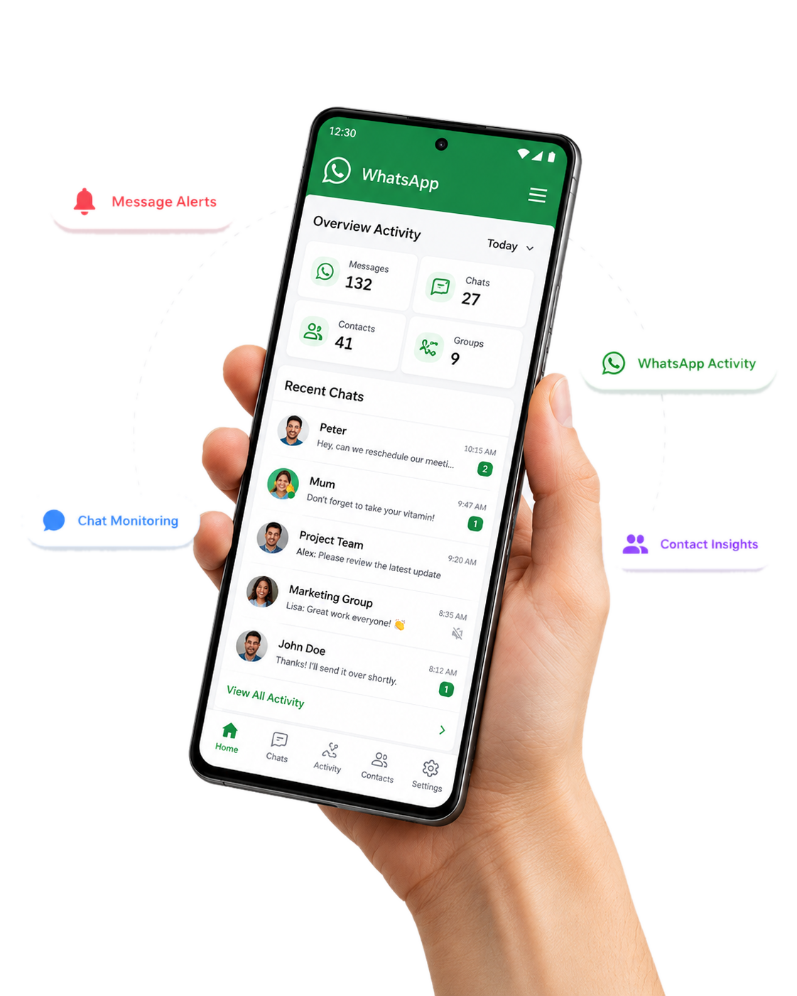WhatsApp activity tracking dashboard on Android phone